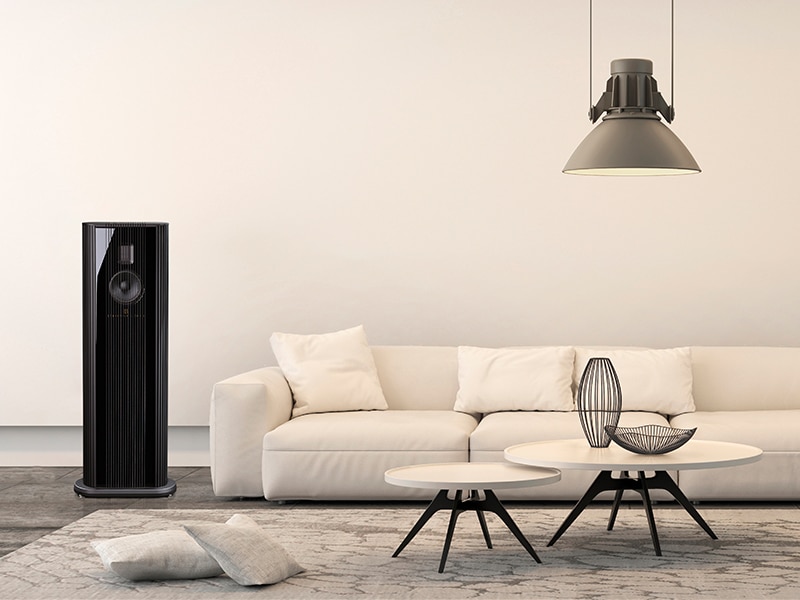 Model O speakers in living room with white sofa