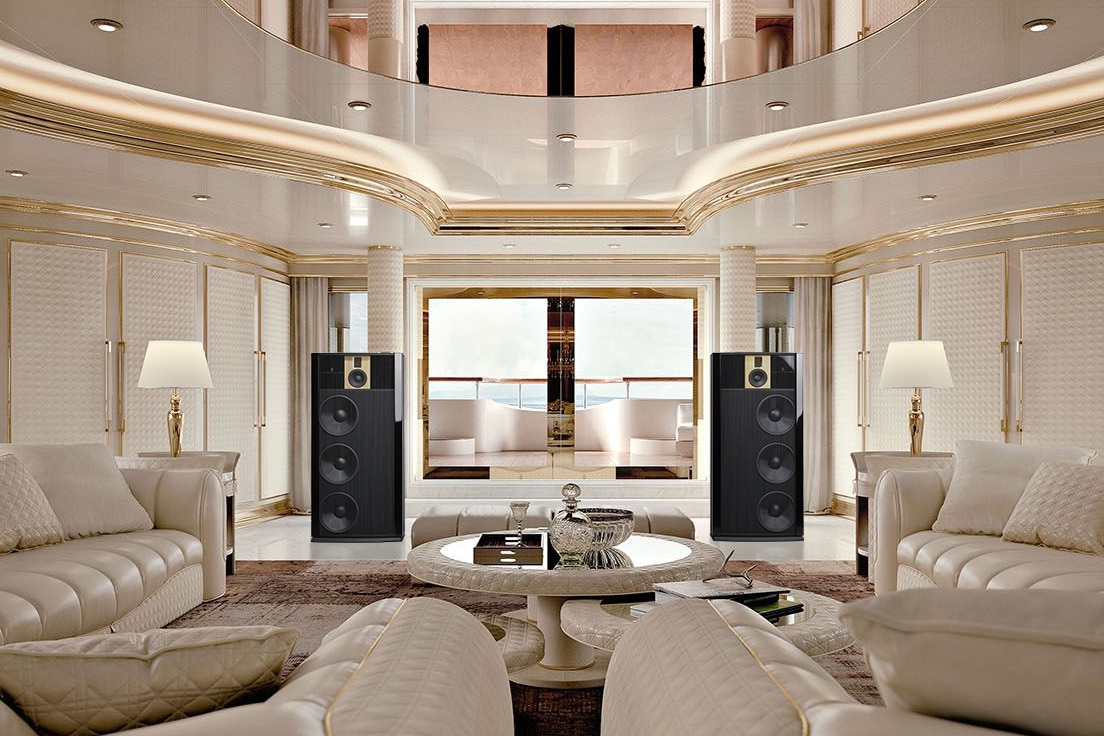 Model B speakers in white yacht living room