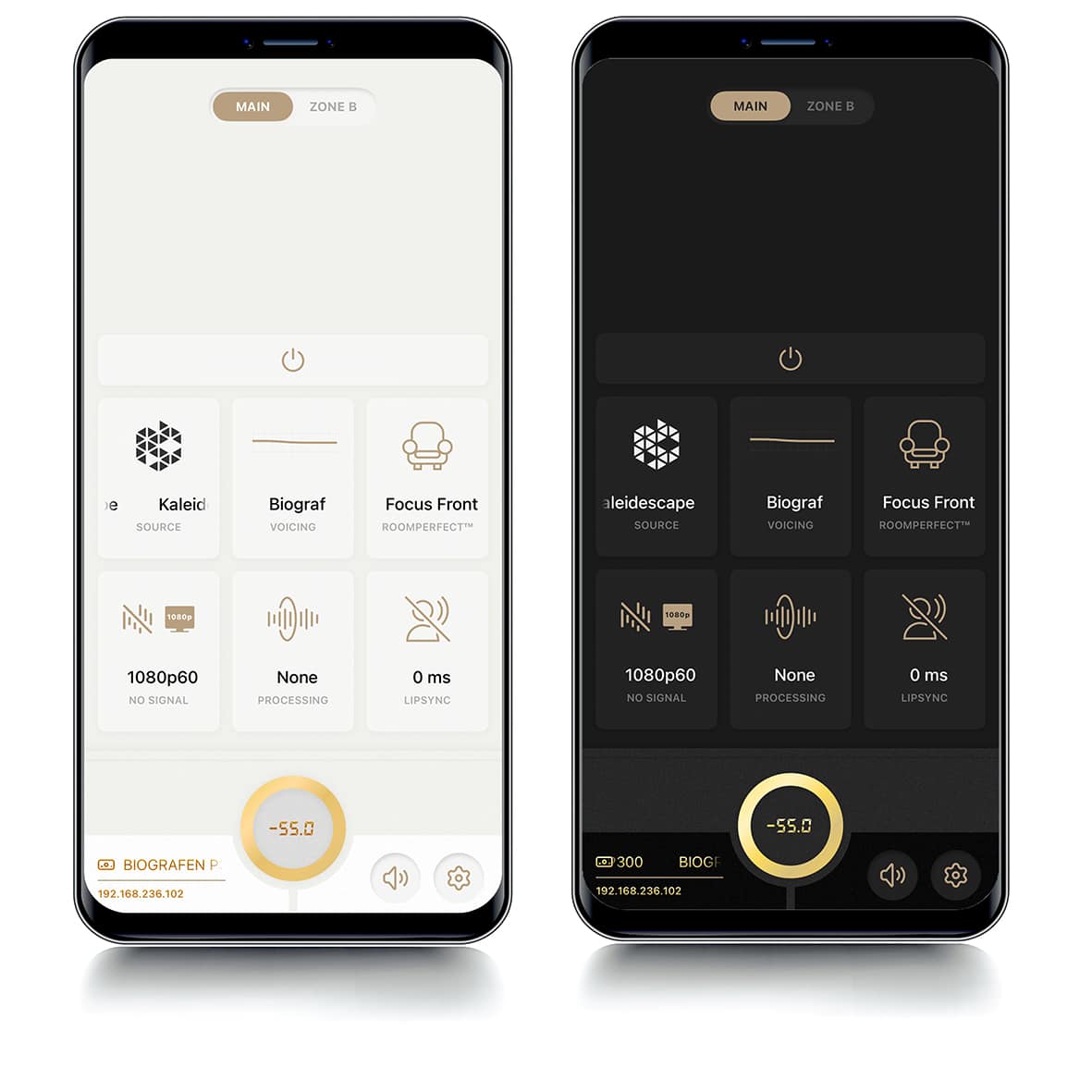 My Lyngdorf app with light and dark layout